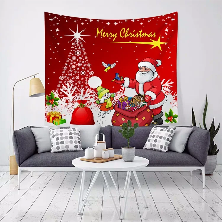 Wall Tapestry Saint Claus Printing Home Wall Decoration Golden Elk Wall Hanging Snowman for Dorm Room Xmas