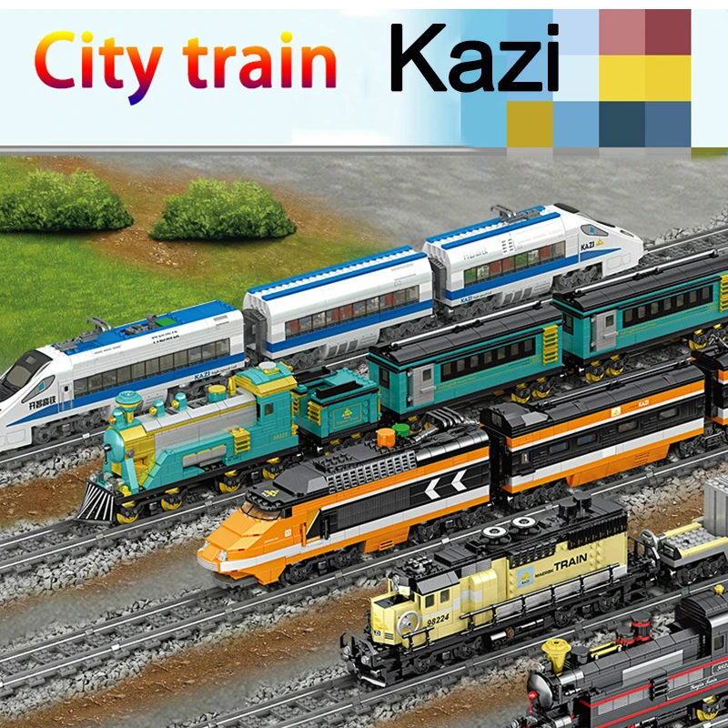 KAZI Electric Train Motor Power Function High-Tech Building Block City Rail Track Freight Steam Trains Brick Set Toy Gift Leduo