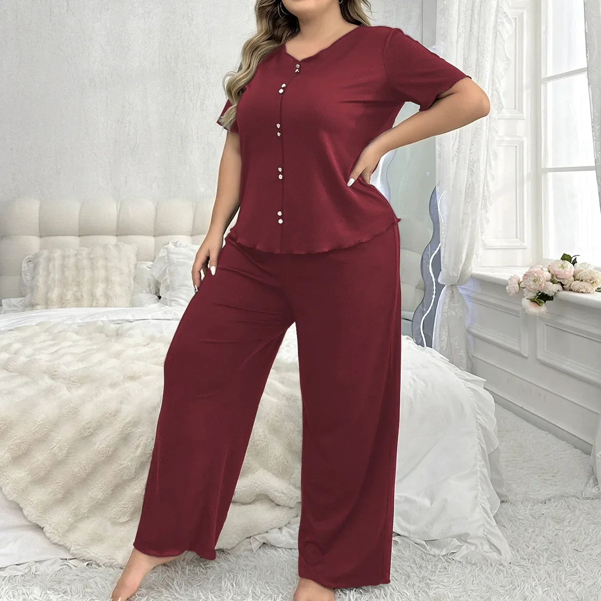 

Loose Plus Size Women's Sleepwear Set Round Neck Short Sleeve Long Pants Home Clothes Summer New Style Comfortable Sensation
