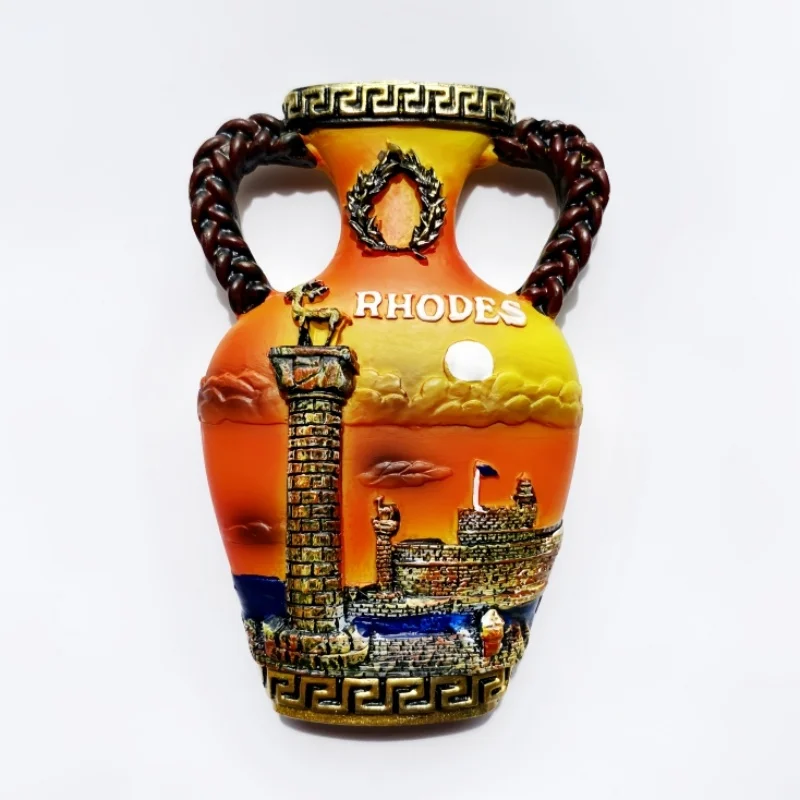 Grecia, Mar Egeo, Isla de Rhodes, recuerdos turísticos, teteras clásicas, decoraciones, pegatinas magnéticas para frigorífico