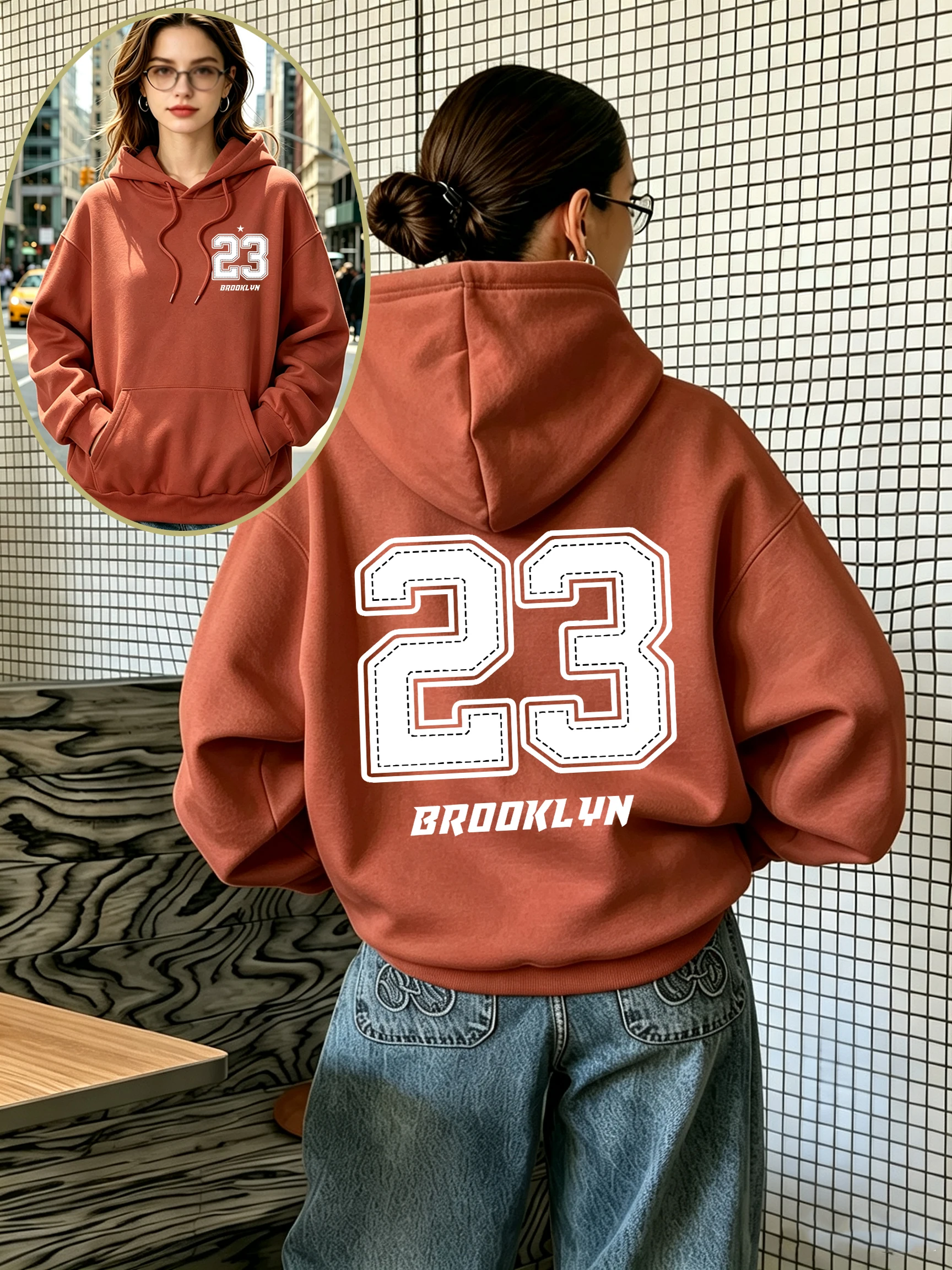 Brooklyn Number 67 And Stars Print Hoody Women Loose Pocket Hoodies Multicolor Autumn Pullover All-Match Fleece Streetwear