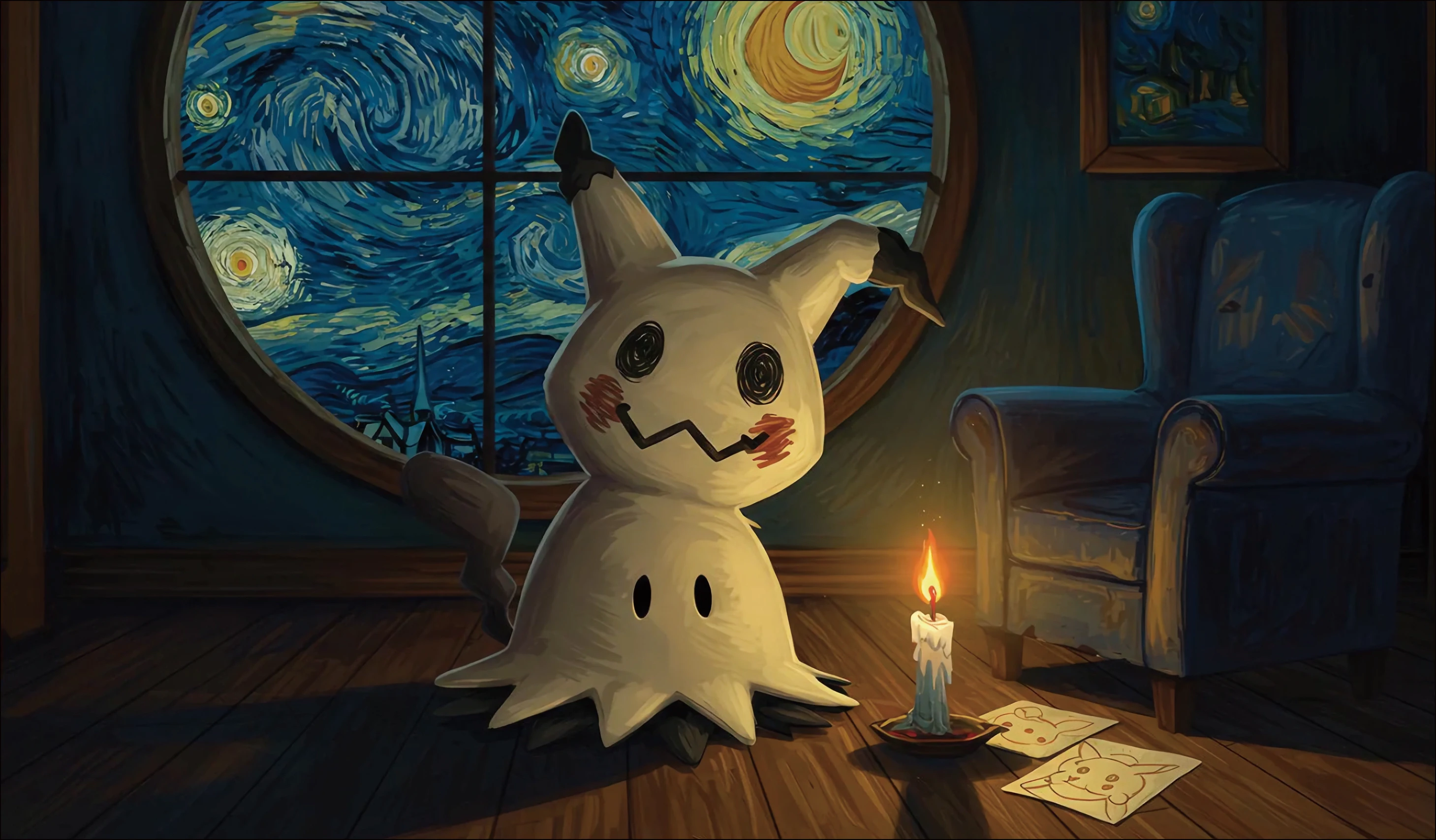 Starry Night Oil Painting Style Game Playmat,Cute Fantasy Creature Print with Card Zones,Non-slip Rubber Large Gaming Mouse Pad