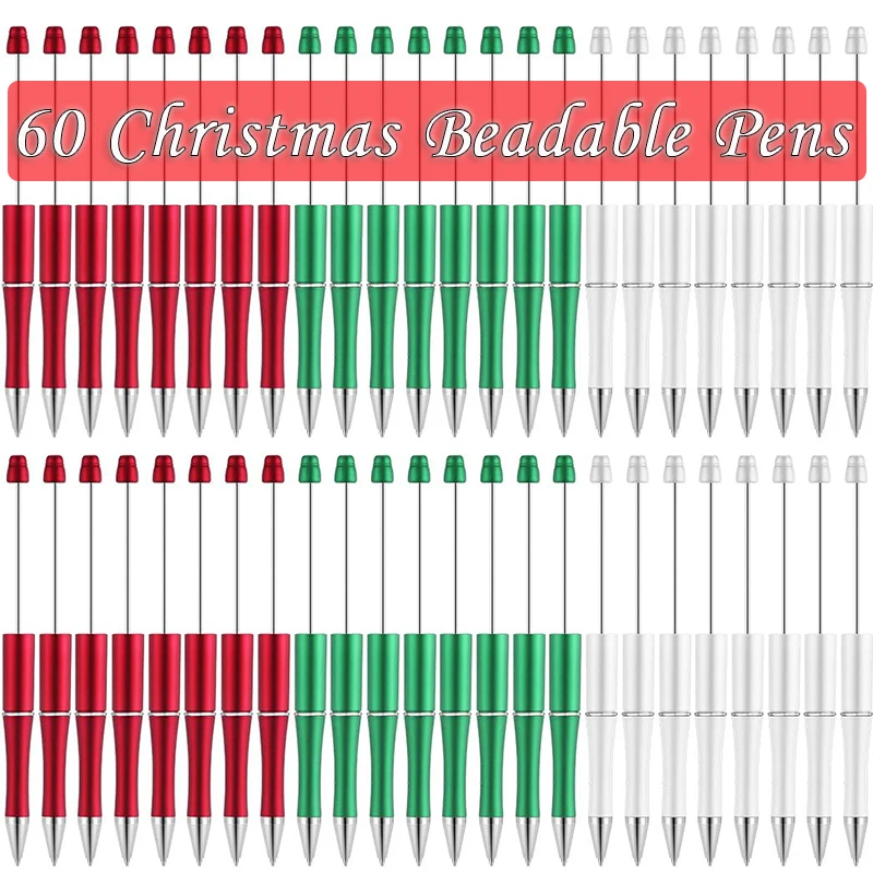 60Pcs Christmas Beadable Pens Red Green White Plastic Bead Pens Beads DIY Pen Black Ink Ballpoint Pens