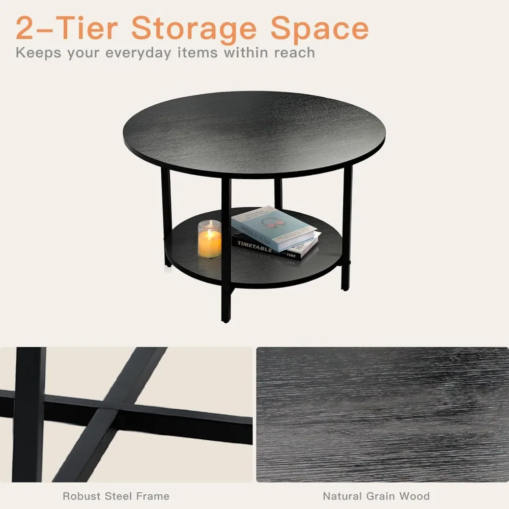 Coffee Table Round,  Circle Coffee Table with Storage Shelf, Wood Coffee Table Circular for Living Room,