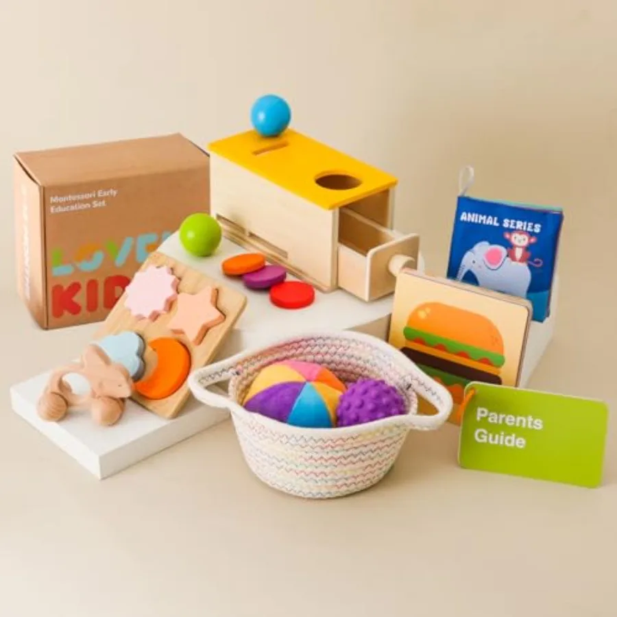 

Montori Toys for Babies 6-12 Months 6 in 1 Learning Educational Toys Set Wooden Toys Play Kit Includes Object Permanence Box, T