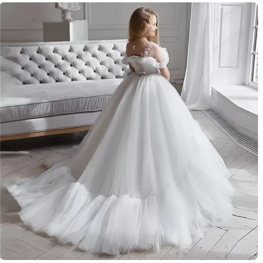 فساتين بسيطة للفتيات على شكل زهرة لحفلات الزفاف وكشكشة وشاح كريستالي فساتين حفلات بطول الأرض للأطفال وأعياد ميلاد الأميرة
