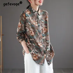 Vintage Floral Print Cotton Linen Button Up Shirt Spring Autumn Fashion Casual Loose Long Sleeve Tops Blouses for Women Clothes