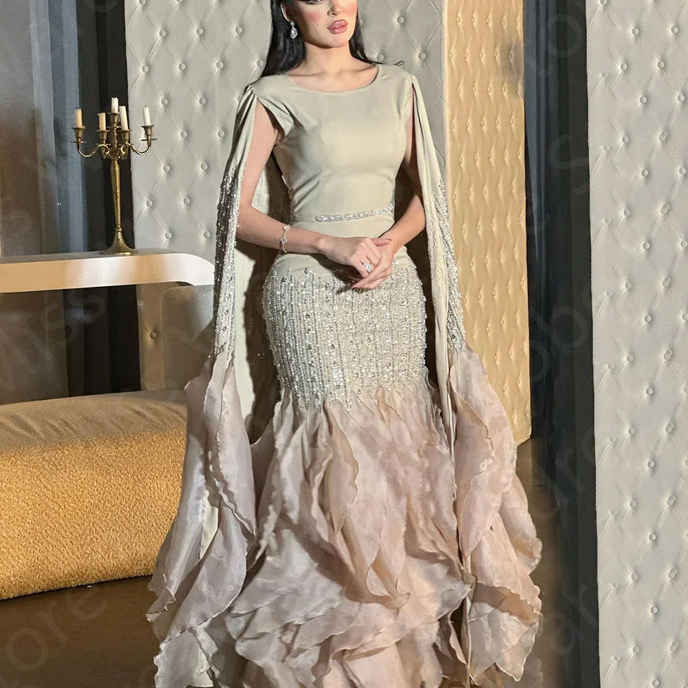 Unique Beading Prom Dresses Luxury Wedding Party Dresses Mermaid Cape Sleeves Round Neck Evening Gowns 2024 Tiered Ruffle Skirt