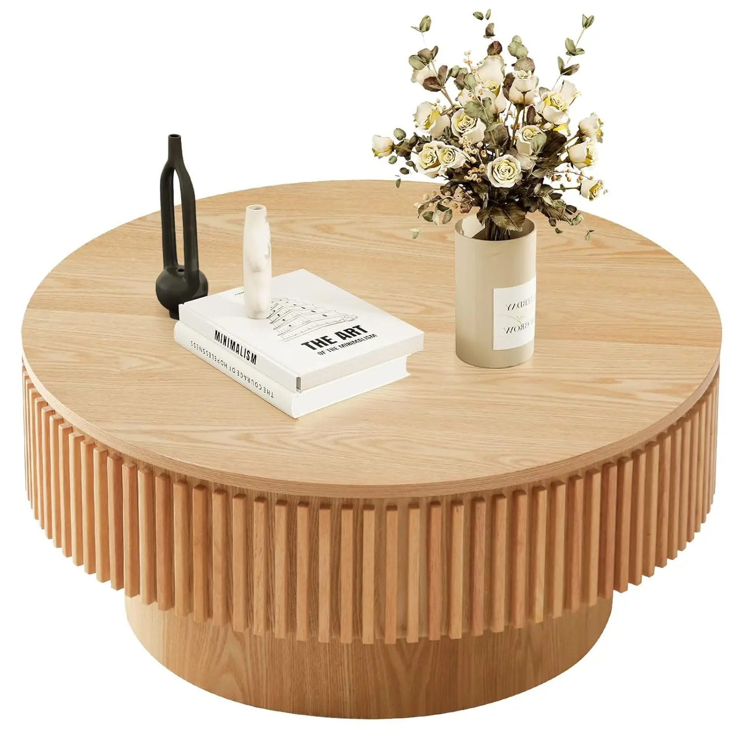 

Round Solid Wood Coffee Table Storage Shelf Mid Century Modern Small Space Living Room Apartment 31.5''D×14''H, Customized