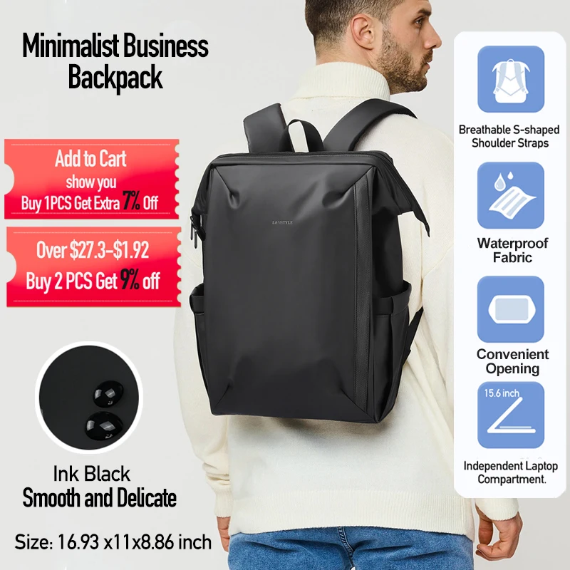 

24L Minimalist Business Backpacks Waterproof Brand Men's Backpack With Convenient Opening, Male Daypack with 15.6 Laptop Pocket