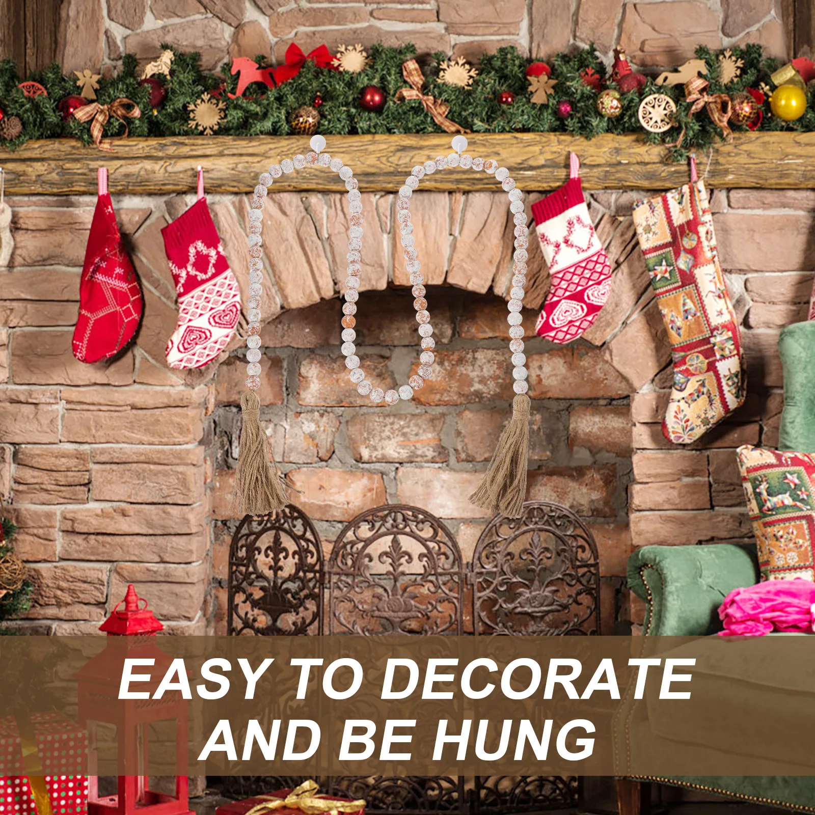 

Pastoral Style Wooden Beads Garland Rustic Tiered Tray Decor Tassel Farmhouse Wall Hanging Ornament Home Party Decor