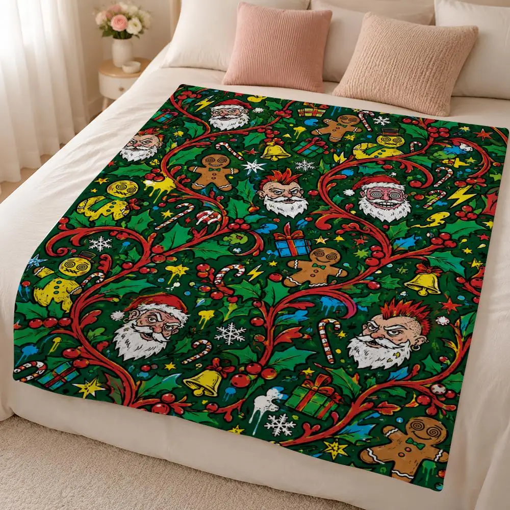 Punk Rock Christmas Santa Graffiti Street Art Throw 320g Soft Flannel Fleece Throw Blanket Cover Sofa Bed Dorm Nap Gift