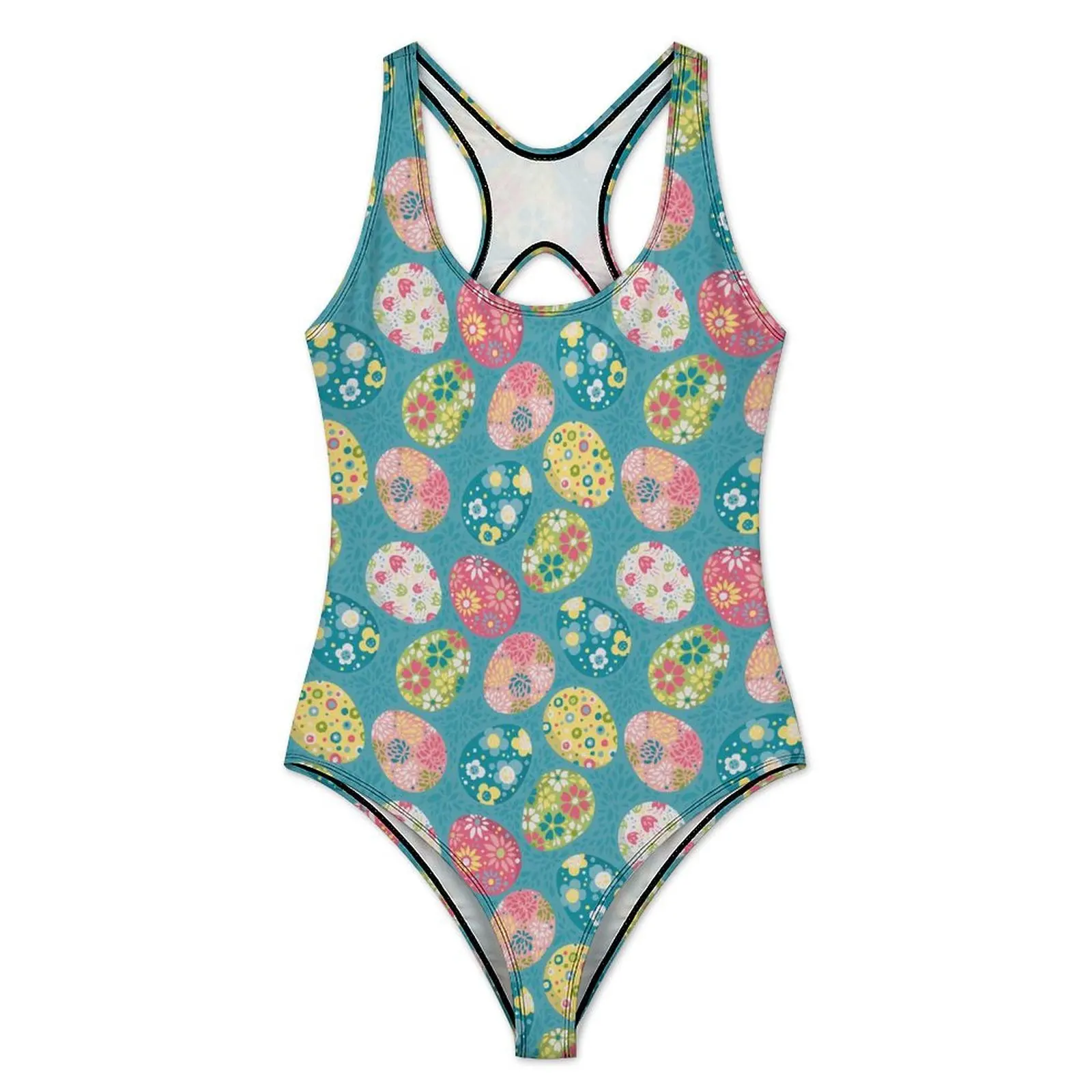 Easter Day Swimsuit Sexy Floral Eggs Print Women Swimwear One Piece Vintage Bodysuit Holiday Rave Push Up Backless Bathing Suits