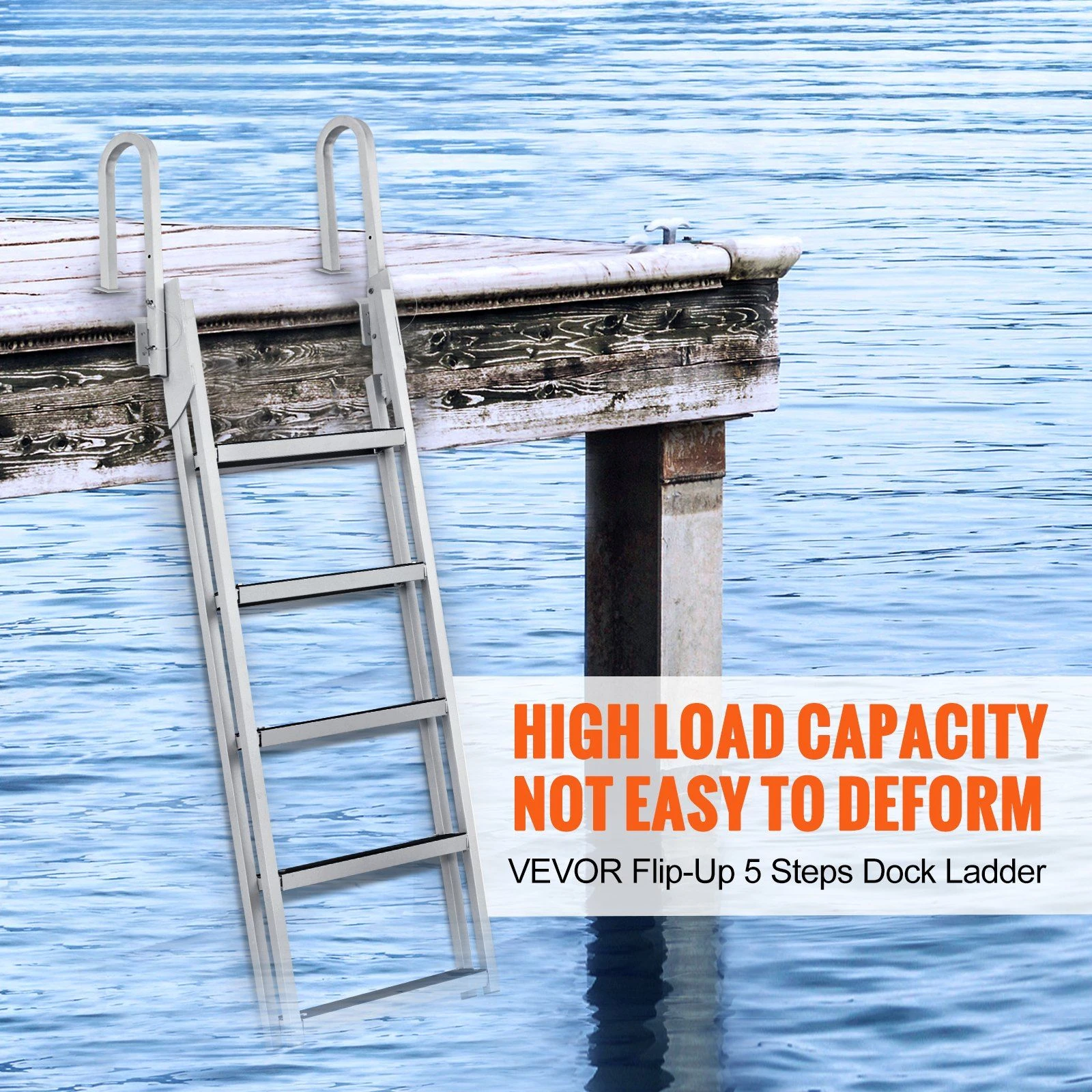 Dock Ladder Flip Up 5 Steps, 350lbs Load Capacity, Aluminum Pontoon Boat Ladder with 4" Wide Step & Nonslip Rubber Mat