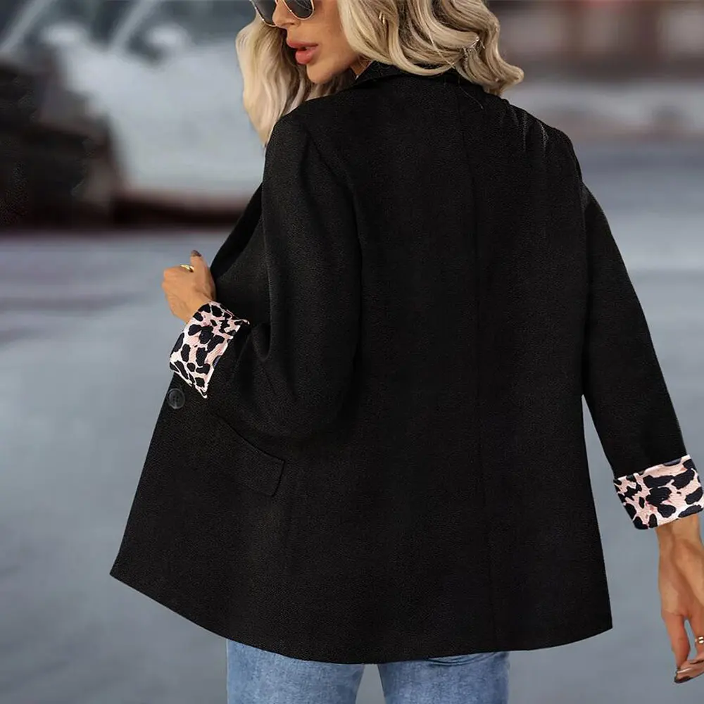 Women Chic Office Lady Single Breasted Blazer Vintage Coat Fashion Notched Collar Leopard Long Sleeve Outerwear Stylish Tops