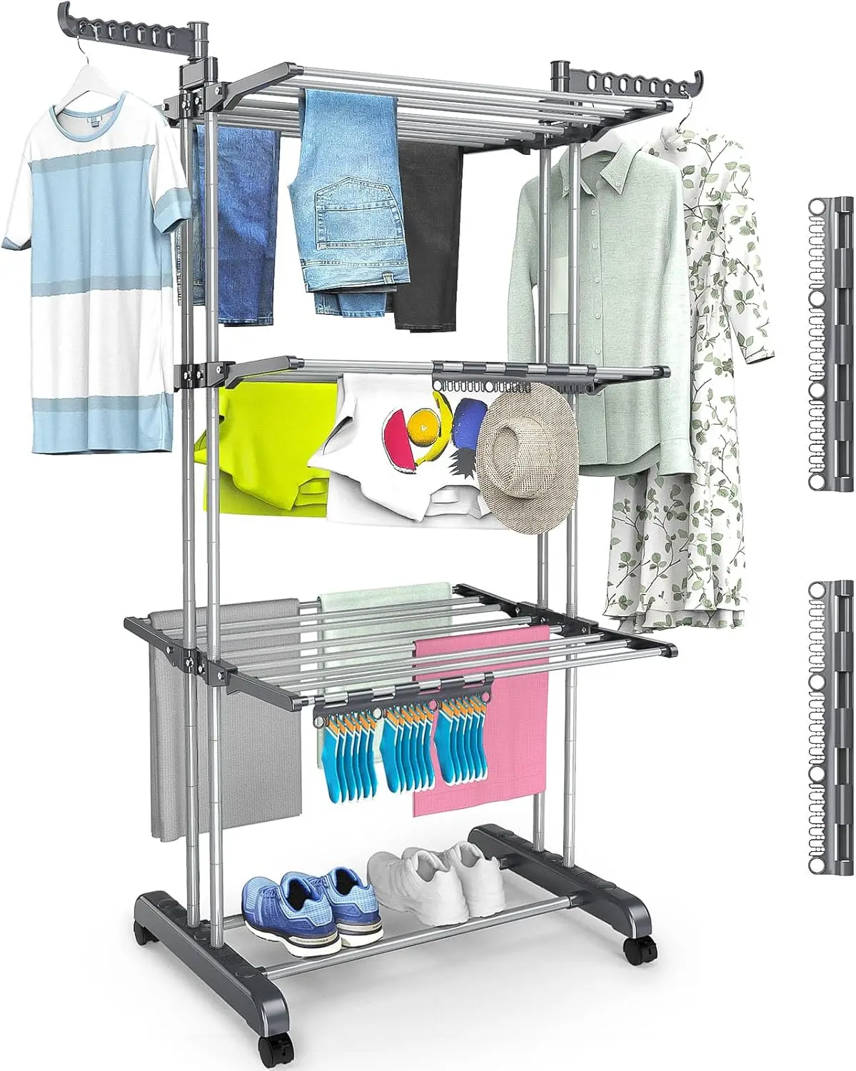 4 Tier Clothes Drying Rack Oversized, Foldable& Adjustable Height Rolling Clothes Rack Stainless Steel with 4 Castor