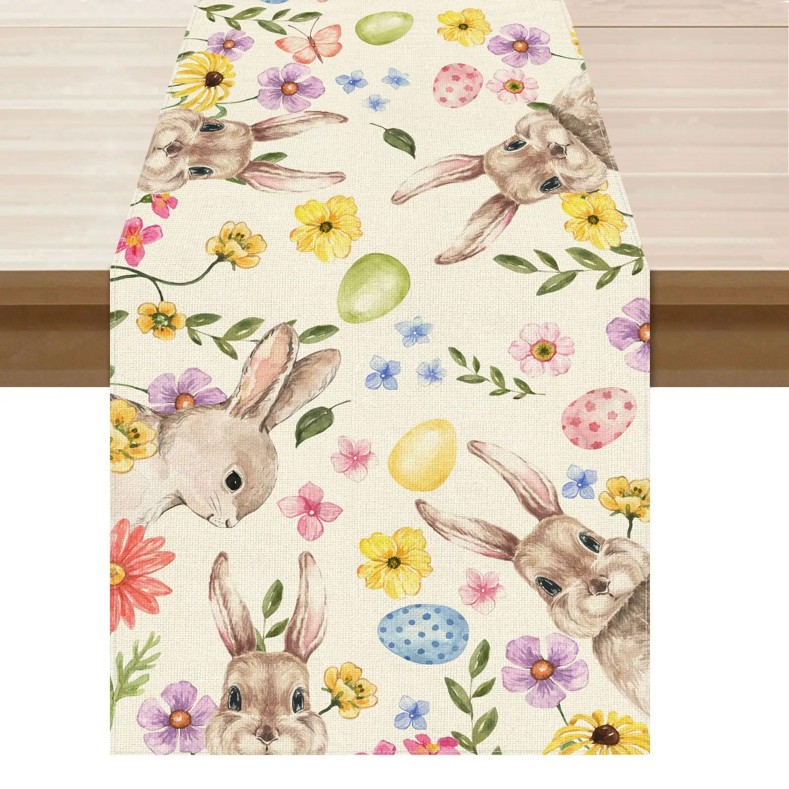 Watercolor Cute Bunny Eggs Rabbits Flowers Easter Table Runner Table Decoration for Party Home Kitchen Dining Holiday Decor
