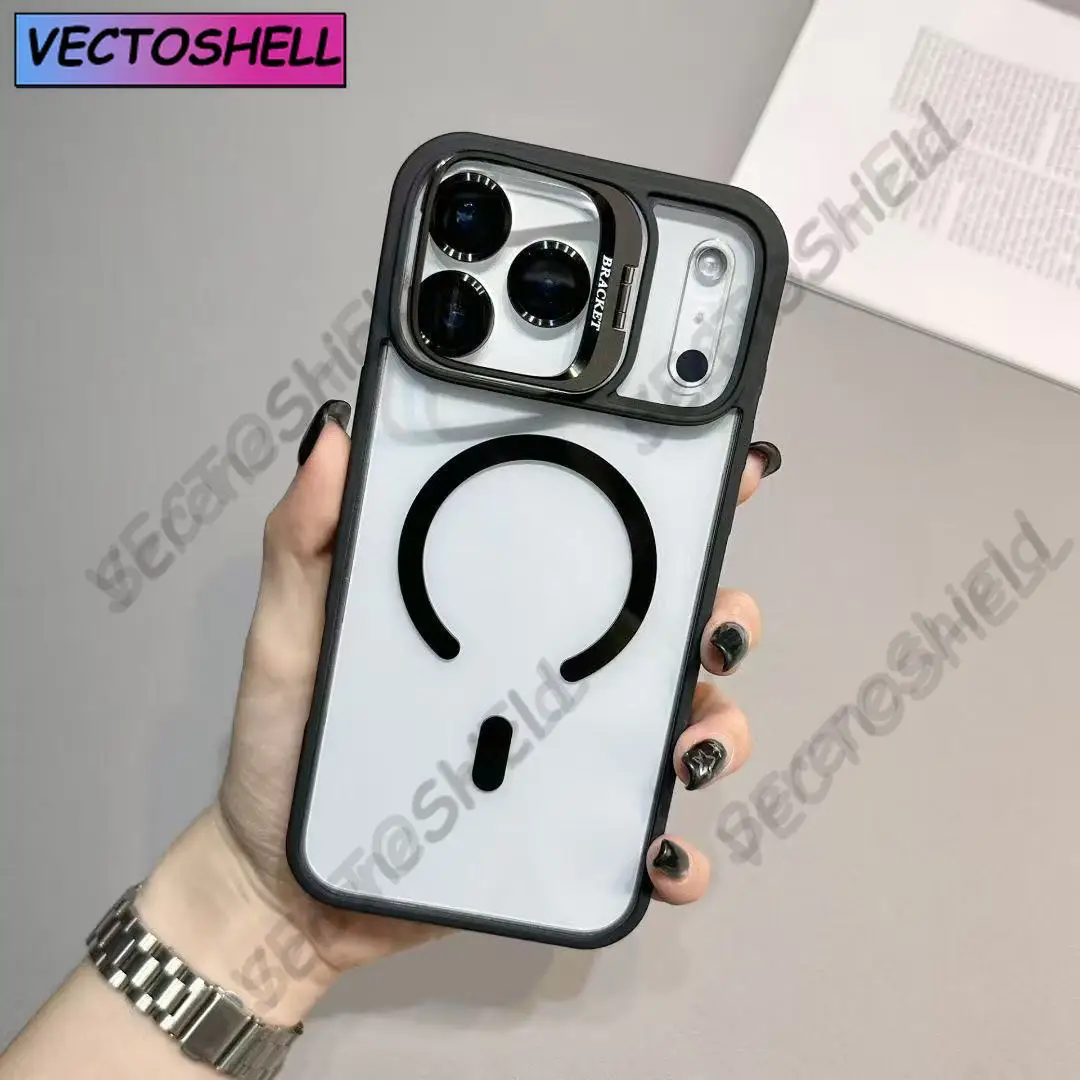 Luksusowe, magnetyczne, odporne na wstrząsy etui na telefon iPhone 15 14 13 12 11 16 17 Pro Max Plus 16E Funda Stand z ochroną szklanego obiektywu