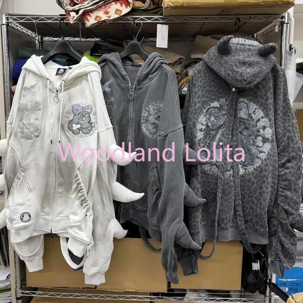 Spring Autumn Japanese Subculture Y2K Coat Women Cthulhu Style Design Washed Hooded Sweatshirt High Street Punk Harajuku Coat