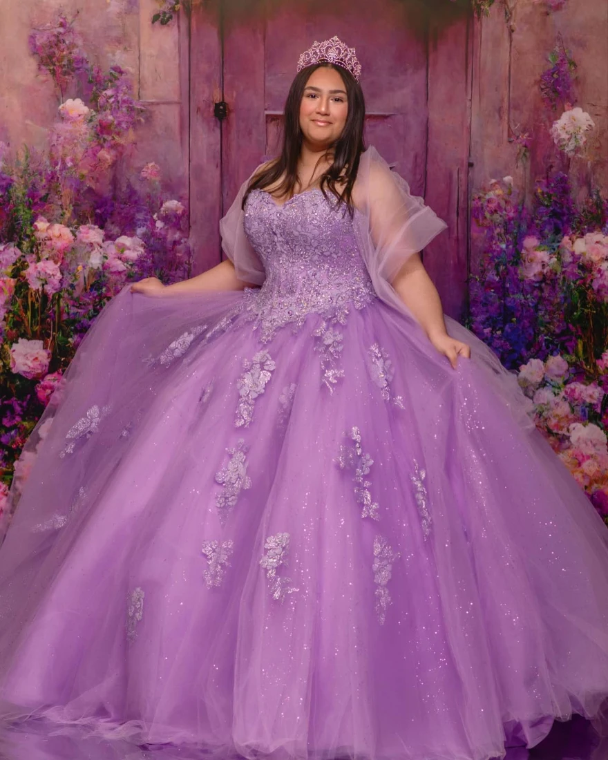 Lorencia-vestidos de quinceañera púrpura, vestido de baile con apliques de encaje y capa con cuentas, vestidos de fiesta de princesa de cumpleaños dulce 15, YQD78, 2024