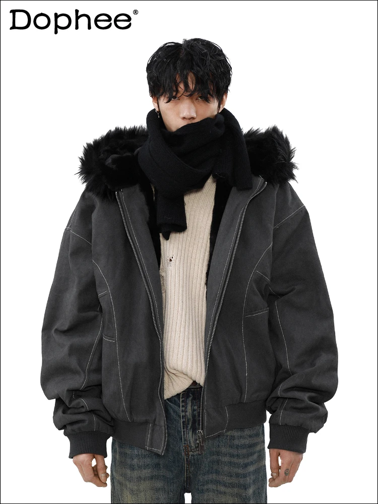 

American Style Plush Fur Collar Jackets Men's 2024 Winter New Loose Warm Zipper Parkas Trendy Long-sleeve Hooded Cotton Clothes