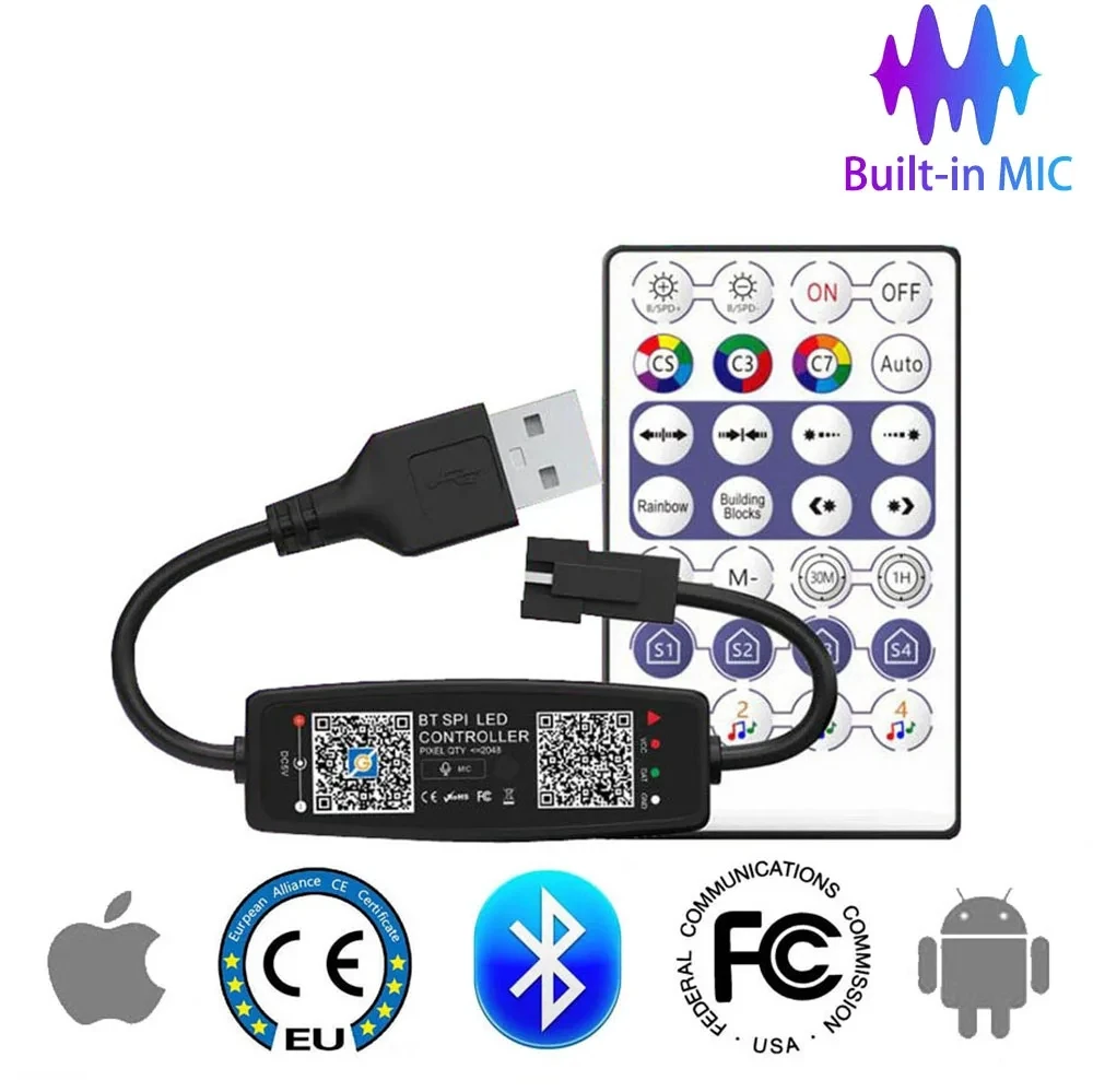 WS2812B tira de Led direccionable individualmente, RGB inteligente, 30/60/144LED/m y 28 teclas, Kit de controlador de música Bluetooth, USB 5V