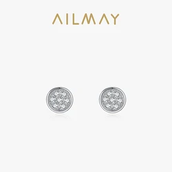 Ailmay Solid 925 Sterling Silver Simple Round Dazzling CZ Engagement Stud Earrings For Women Wedding Statement Fine Jewelry Gift