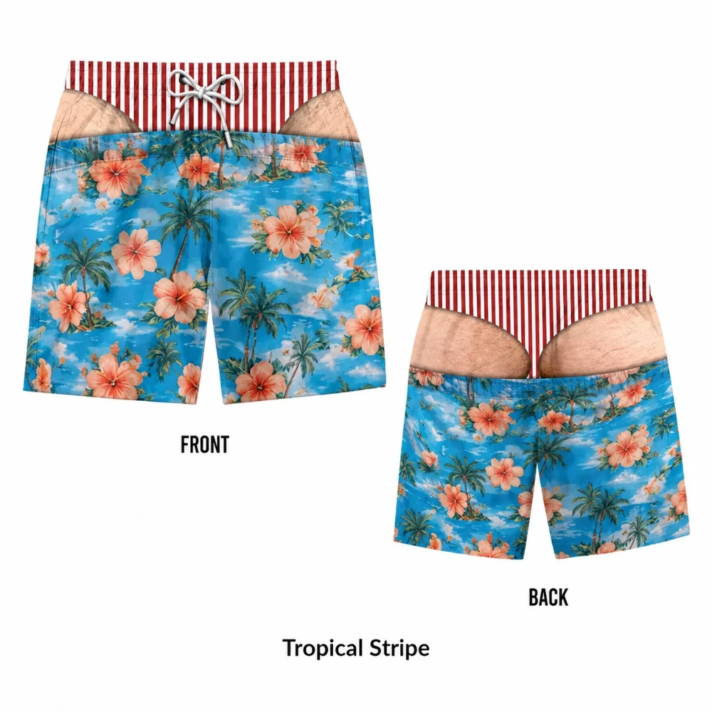 Men Funny Fake Butt Beach Shorts Tropical Island Print Prank Swim Trunks Family Matching Hawaiian Beach Shorts Husband Fun Gift