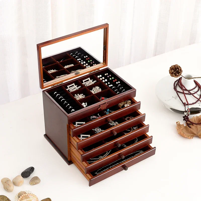 Cute Pillow Chinese Vintage Solid Wood Walnut Color Jewelry Storage Box Multi Layer High Capacity Princess Rings Earrings Shelf