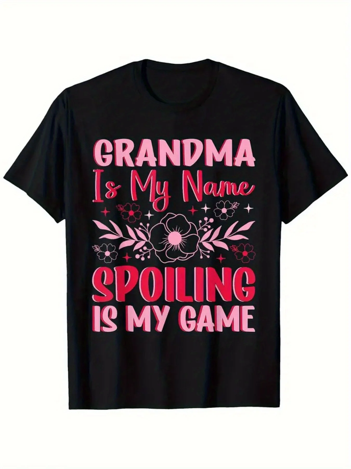 

Grandma is my name, pampering is my thing - Ladies Casual Cotton T-Shirt with Funny Flowers and Stars Pattern, Short Sleeve