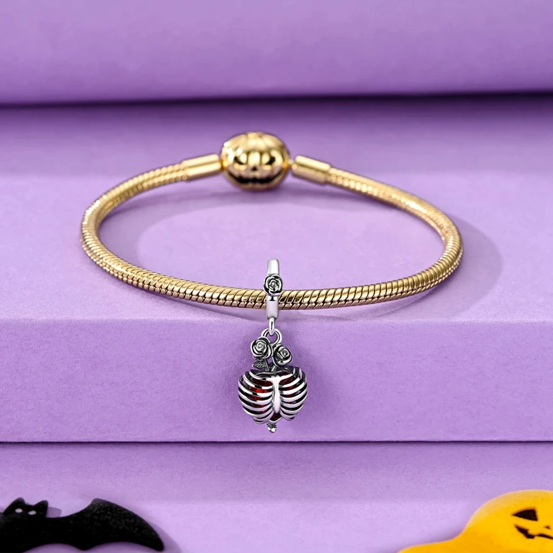 Original 925 Sterling Silver Pendant Charm Rose Skeleton Heart For Woman Fit Bracelet Necklace Diy Jewelry Halloween Gift 3