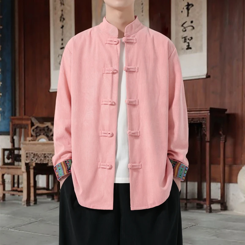 Men's Dragon Embroidery Corduroy Jacket Chinese Style Stand Collar Frog Button Long Sleeve Coat Vintage Retro Outerwear Spring