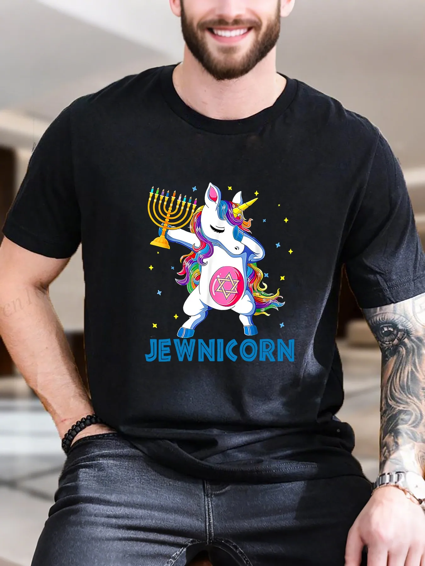 

New Arrival Fashion Men's Printed Short Sleeve T-Shirt Cartoon Unicorn with Hanukkah Menorah Candle 100% Cotton Soft Breathable