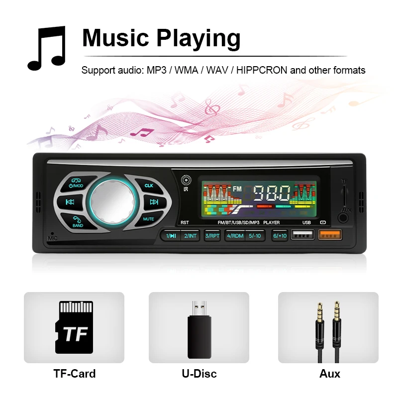 Hippcron راديو السيارة 1din الصوت بلوتوث مشغل MP3 ستيريو FM استقبال مع أضواء ملونة AUX/USB/TF بطاقة في داش كيت