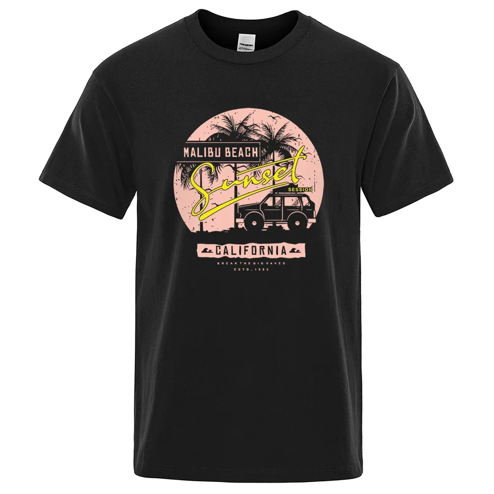 Malibu – t-shirt à col rond pour homme, estival et de bonne qualité, en coton doux, avec lettres, plage, coucher de soleil, cali