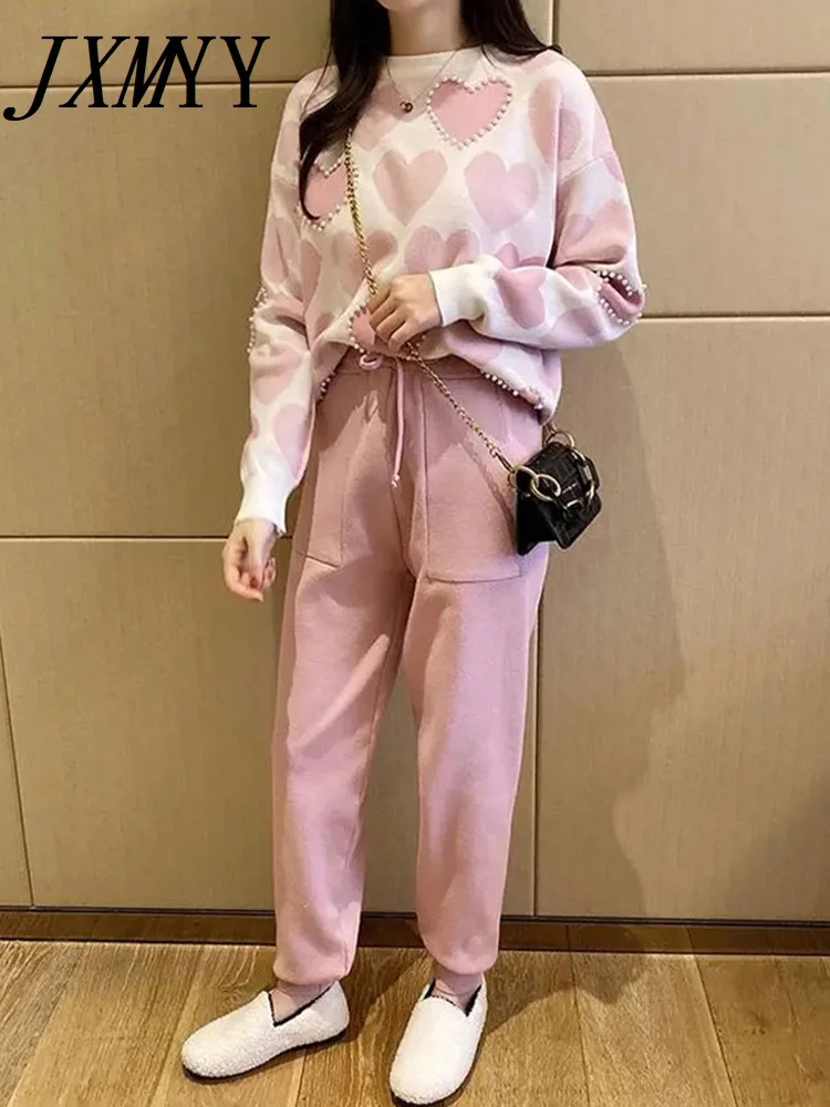 JXMYY-Love Printed Knitted Two-Piece Suit for Women, Long Sleeve Sweater, Tops and Solid Colors, Casual Pants, Female Fashion