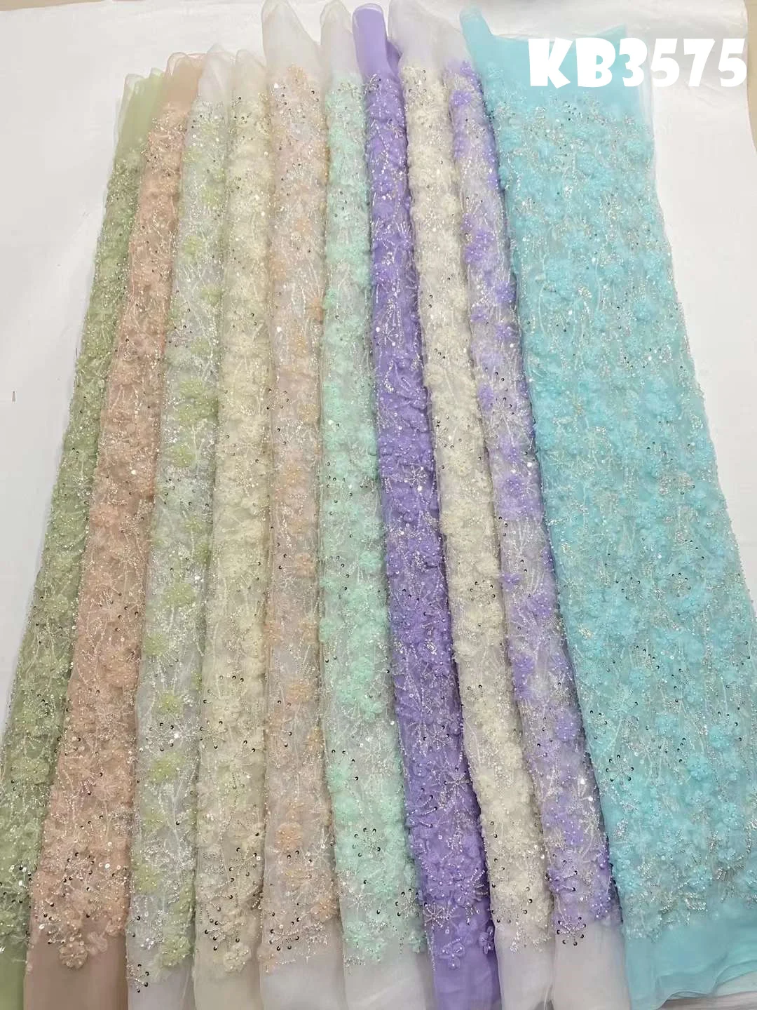 Mint Green 3D Flower Beaded Lace Fabric High Quality Lace Fabrics 2024 5 Yards Beaded French Mesh Lace For Wedding Dress KB3575