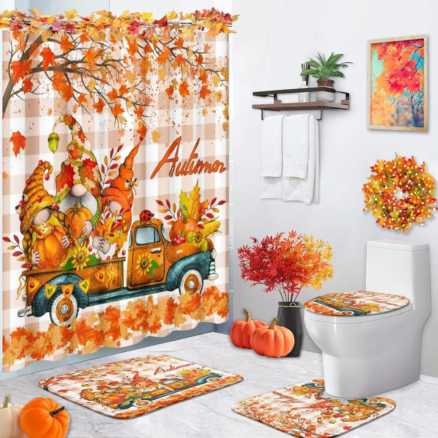 

4-комплекты занавесок для душа, водонепроницаемые наборы для ванной комнаты с грузовиком на День Благодарения с нескользящими ковриками, крышкой крышки унитаза и ковриком для ванной