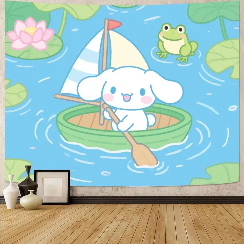 

1 шт. Sanrio Cinnamoroll Kawaii плавающий лодочный гобелен с лягушкой и лотосом, милый настенный рисунок из полиэстера для спальни, декора в общежитии, подарок