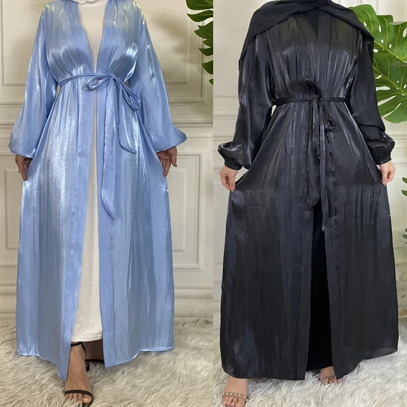 

Ramadan Eid Kimono Shiny Satin Turkey Muslim Women Open Abayas Dress Dubai Kaftan Islam Cardigan Robe Femme Clothing Gown Caftan