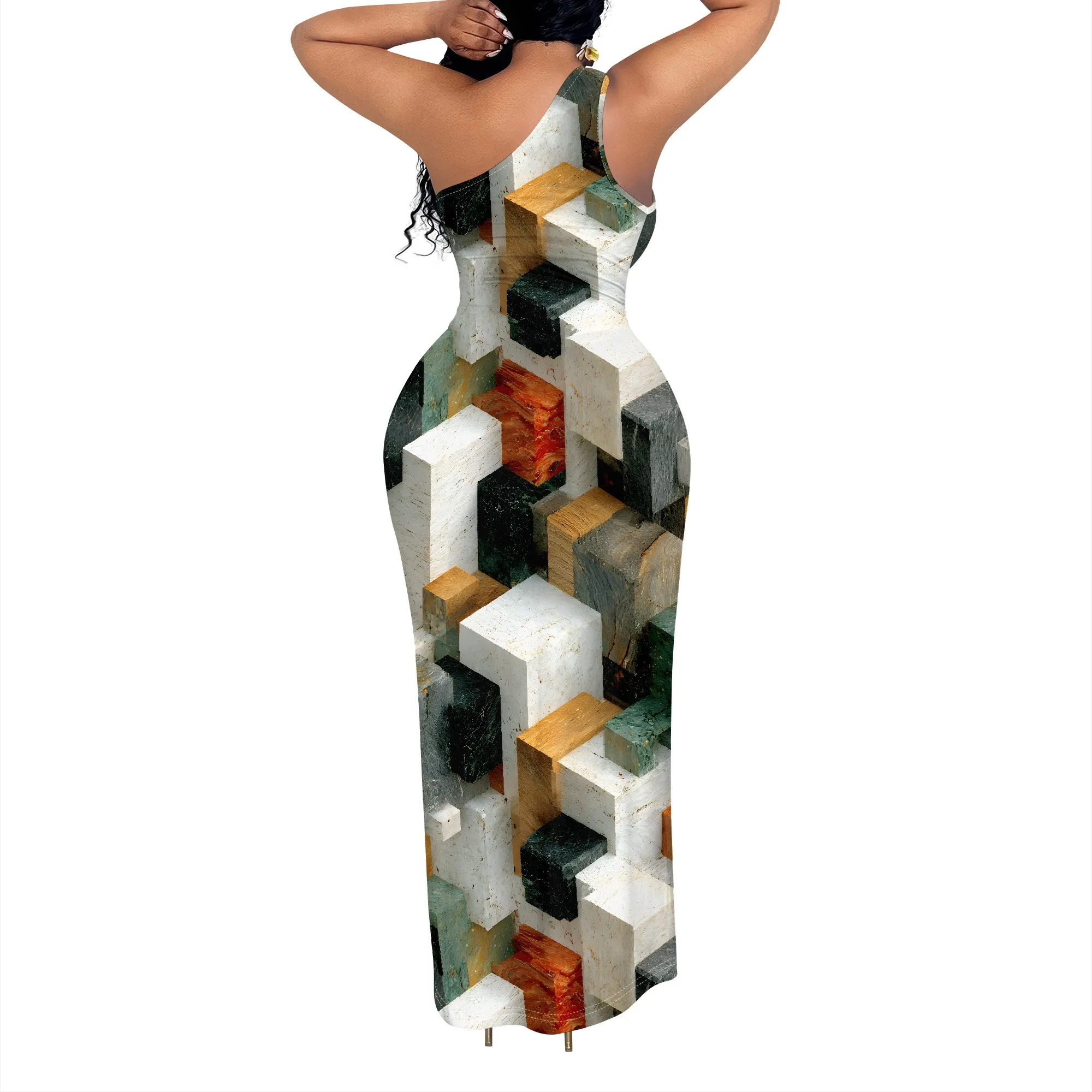 3D Geometric Print Strapless Maxi Dress, Abstract Block Pattern Sundress, Sleeveless Off Shoulder Party Gown for Women, S-2XL