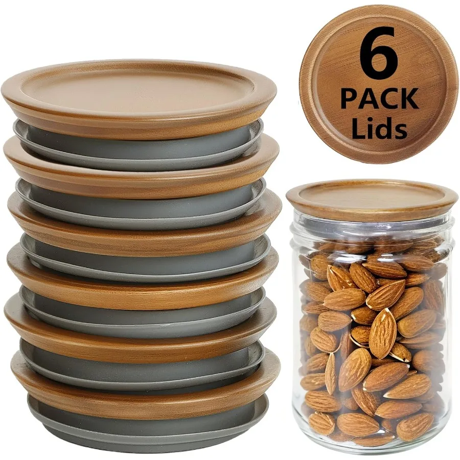 

6 Pcs Mason Jar Lids Regular Mouth Regular Mouth Jar Lids Made Of Acacia Wood Wooden Lids for Mason Jars With tight Silicone Se