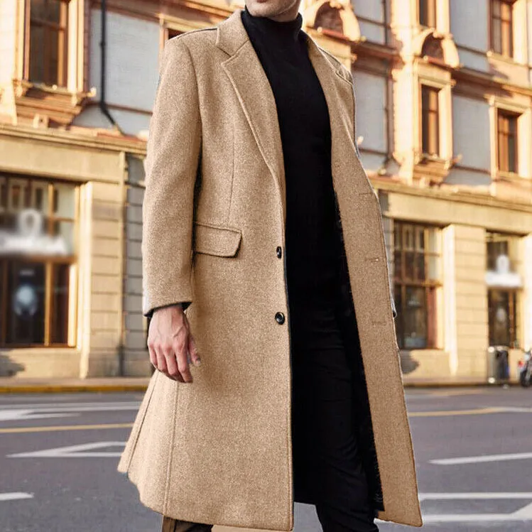 Men's Notch Lapel Double Breasted Long Trench Coat Casual Cotton Blend Peacoat