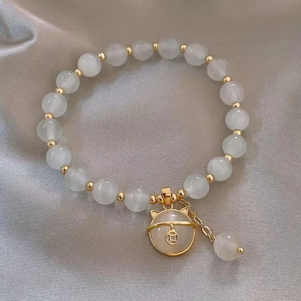 

Birthday Gift Wrist Jewelry Elastic Cord Women's Bracelet with Kitty Head Pendant Glass Beads Good Fortune Symbolization Bestie