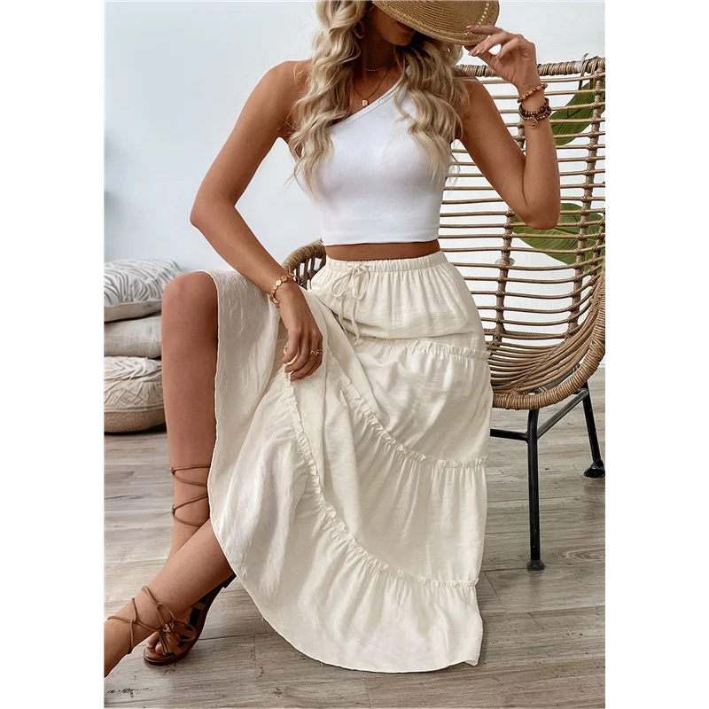 

【Party-Decoration】Women's Summer Casual Elegant Smock Layered Tiered High Waisted A Line Flowy Long Skirts With Pockets