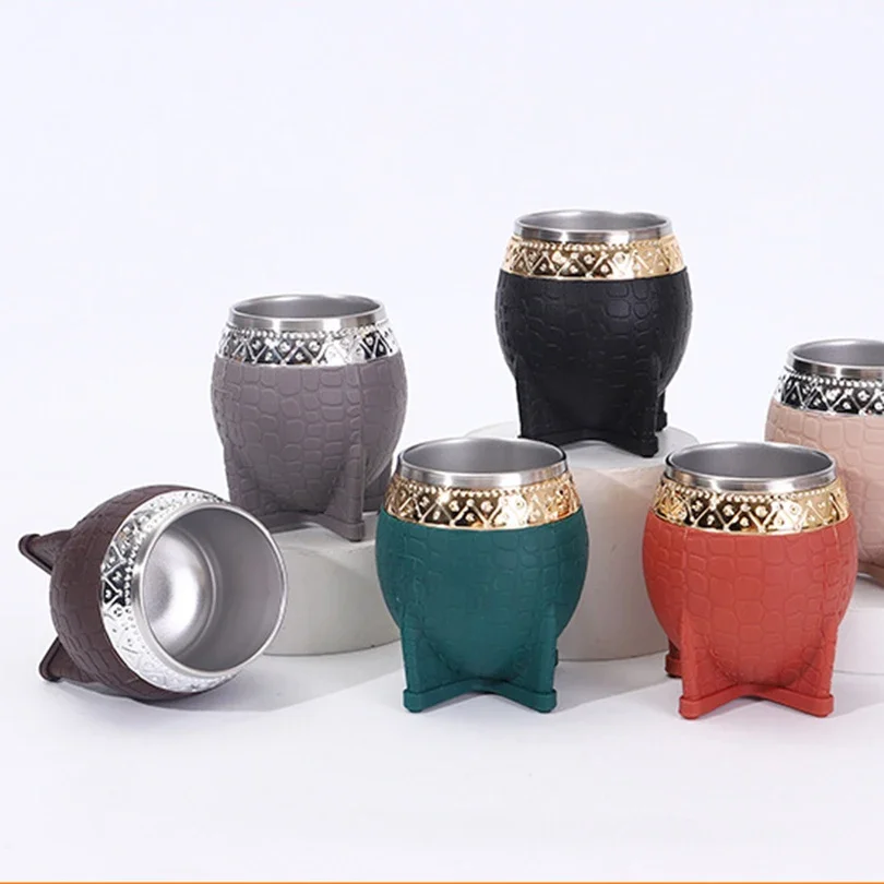 Taza de agua de Paraguay de doble capa de acero inoxidable, con pajita, textura de concha de tortuga, taza de cáscara de huevo, textura de cuero, 1 ud.