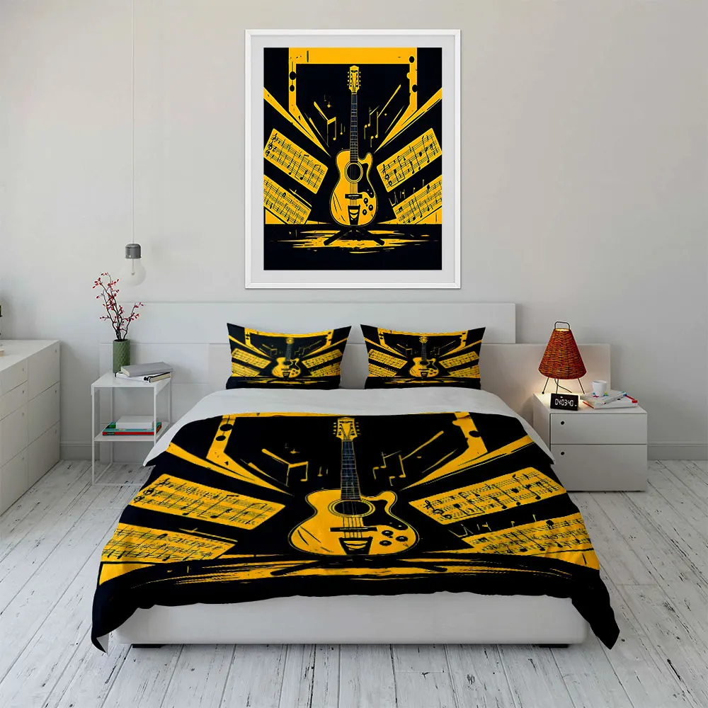 Guitar and Sheet Music Artwork Duvet Cover Set with 3D Printing Design Soft Polyester Bedding Set All-Season Comfort for gifts