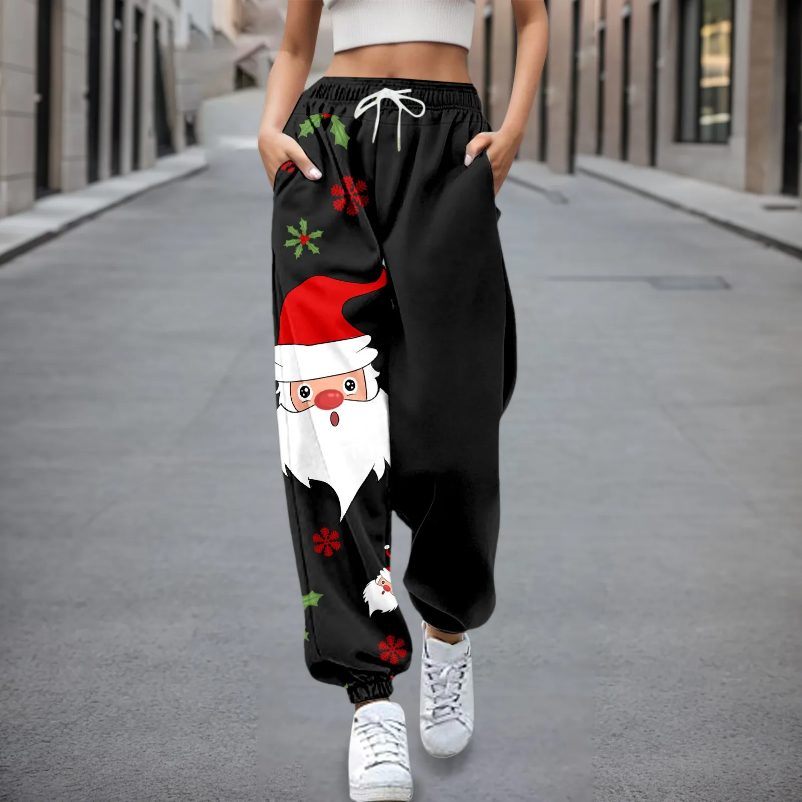 Christmas Pants Women Fashion Joggers Santa Claus 3d Print Wide Leg Pant High Waist Straight-leg Casual Trouser Sports Sweatpant