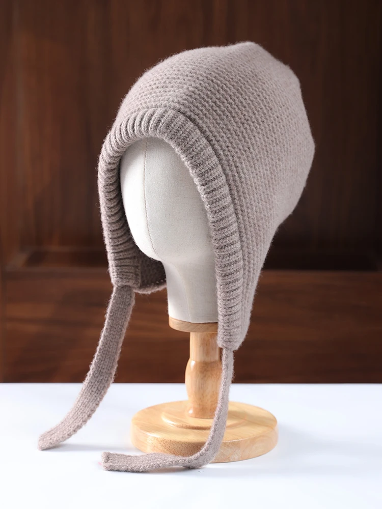 100% wełniana sznurowana kominiarka czapki dla kobiet zimowa czapka z nausznikami miękka ciepła kaszmirowa czapka Street SKi Skullies czapka