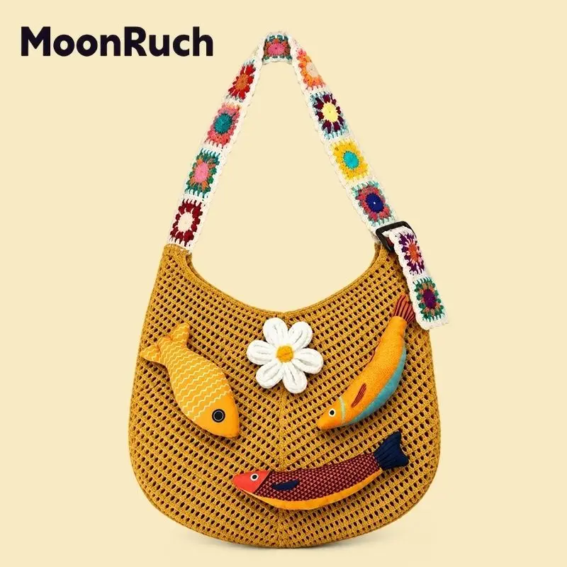 Beige Brown Pink Yellow Blue Green Crochet Mesh Tote Bag Boho Floral Granny Square Strap Hollow Woven Shoulder Hobo Purse Fish